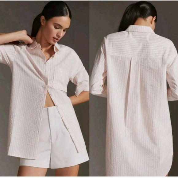 Anthropologie Striped Button Down Shirt Tunic Top Size Xs White/ Black - Picture 1 of 11